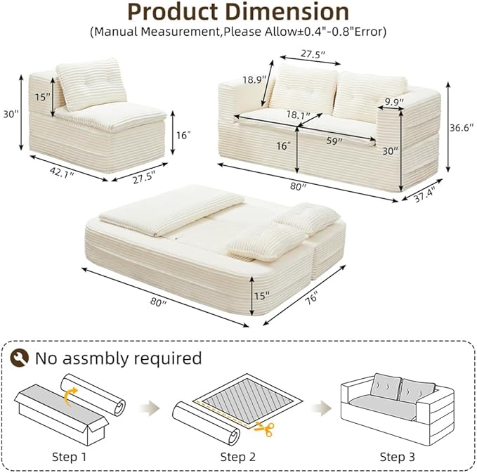 80" Convertible Sectional Sofa Bed, 3-in-1 Folding Floor Couch with Convertible Chaise Lounge, Plush Corduroy Sleeper Sofa for Living Room and Bedroom, No Assembly Required (Beige)