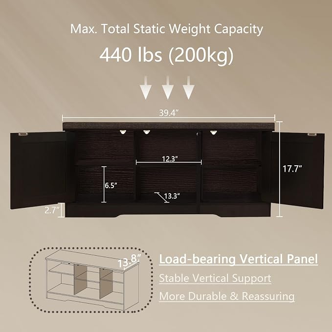 DINZI LVJ Shoe Bench, Entryway Storage Bench with Doors, Cushion, 2-Tier Shoe Rack with 6-Cubby, 39.4”L x 13.8”W Shoe Organizer Cabinet, Adjustable Shelf, Living Room, Bedroom, Espresso with Rattan - Image 3