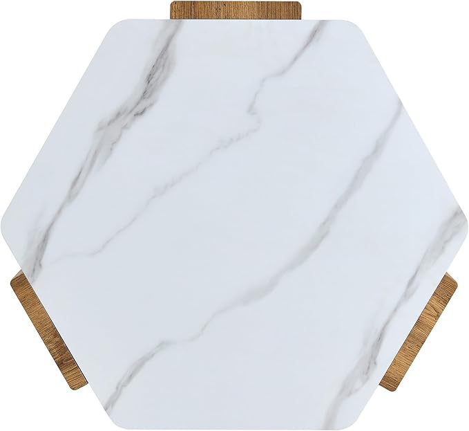 31 inch Modern Coffee Table Small Hexagon Marble Top and Wood Legs, Compact Living Room Coffee Table 250lbs Capacity, Quick Assembly Nordic Style