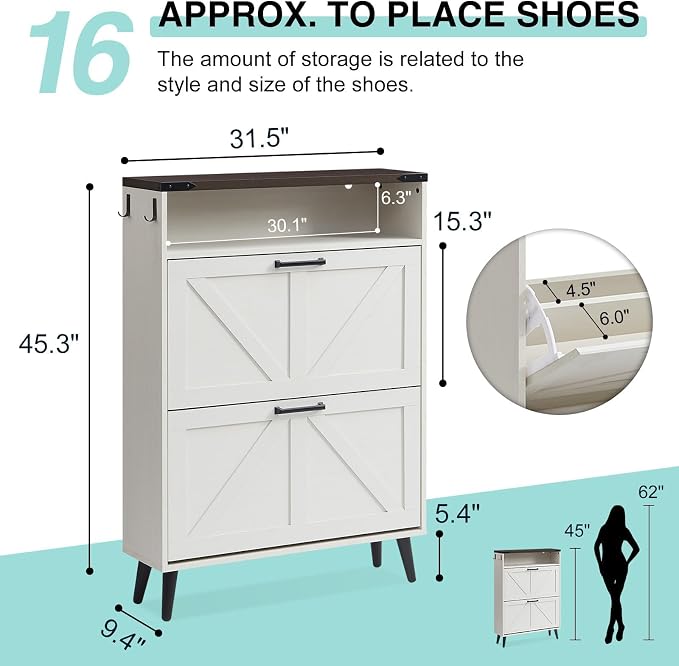 Barnyatoh Shoe Storage Cabinet,Farmhouse Shoe Organizer with 2 Flip Drawers & Barn Door Design,Freestanding Hidden Slim Narrow Shoe Rack Cabinet with Open Storage for Entryway, Foyer,Antique White - Image 2