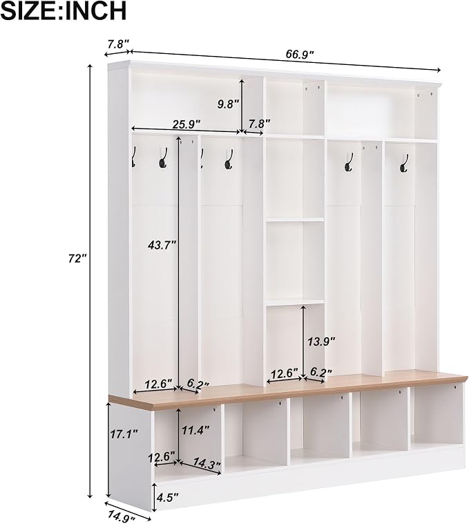 Merax 66.9" Wide Hall Tree with Storage Bench, Shoe Cabinet with Cube, & Shelves, Coat Rack with 8 Hooks for Entryways - Image 2