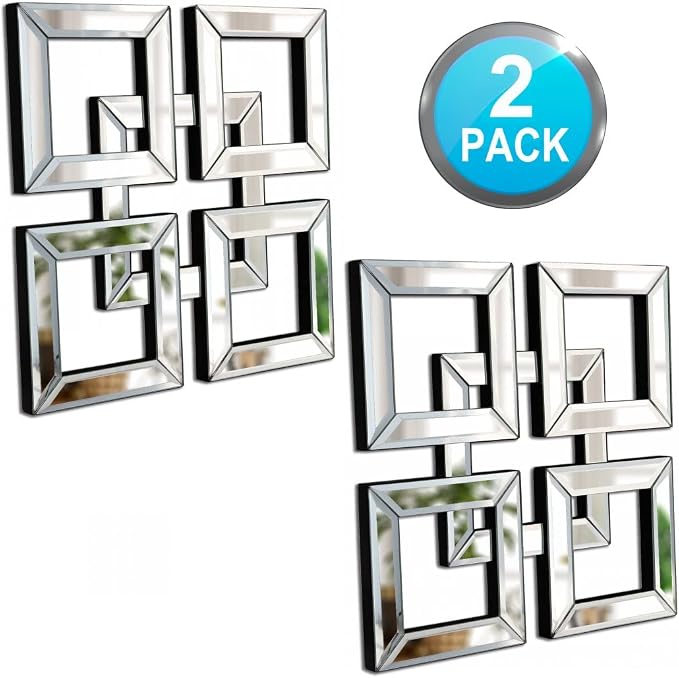 QMDECOR 2 Pack Silver Mirrored Square Wall-Mounted Mirrors Modern Glam Accent Decor for Home - Image 2