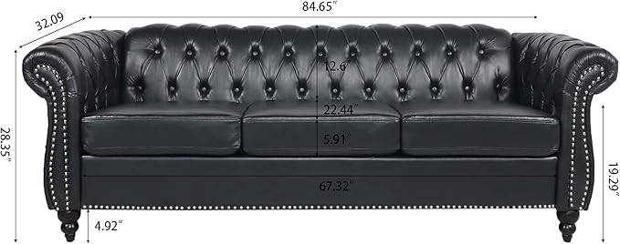 ERYE 84.5-Inch Classic 3 Seat Chesterfield Sofa Couches for Living Room Bedroom, 3 Seaters Button Tufted Faux Leather Upholstered Chesterfield Sofa Couch,Wood Legs | Button Tufted, Easy to Assemble, Nailhead, Removable Cushion