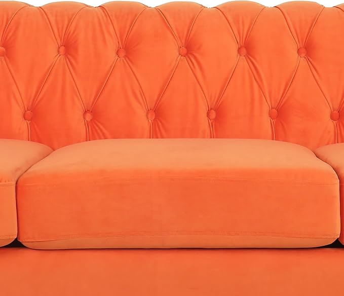 LEVNARY Velvet Chesterfield Sofa, Classic Tufted Upholstered Couch, Modern 3 Seater Couch Long Settee Furniture with Tufted Back for Living Room Office (Orange)