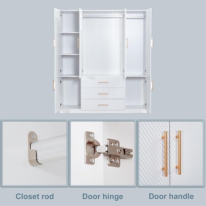 GraceGrove Armoire Wardrobe Closet with 3 Drawers and 4 Door Armoire Cabinet Closet Wood High Storage Capacity and Hanging Rail for Bedroom White