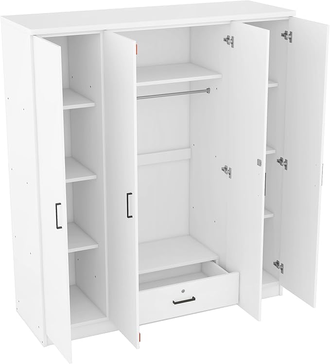 67.9" H Large Wardrobe Closet with 4 Doors, Freestanding Armoire Wardrobe Closet with Locking Drawer, Shelves and Hanging Rod, Wooden Bedroom Coat Closets Cabinet for Clothes, White