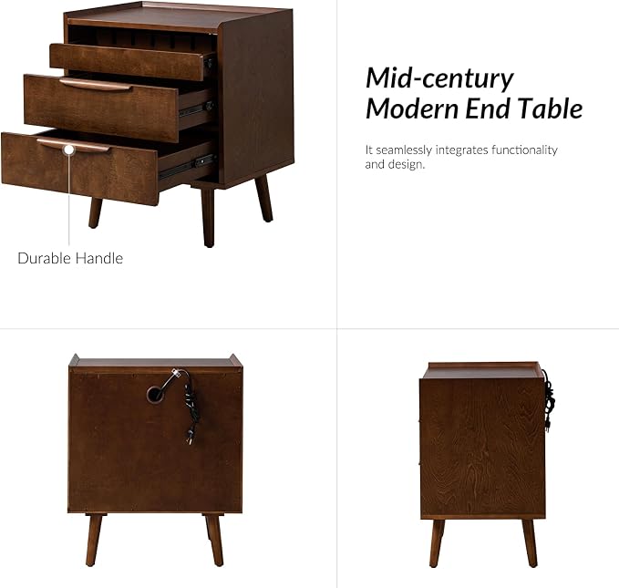 HULALA HOME 2 Drawer End Table with Pull-Out Shelf, Mid-Century Modern End Tables with Wood Legs, Wood Side Table with Charging Station(Walnut) - Image 6
