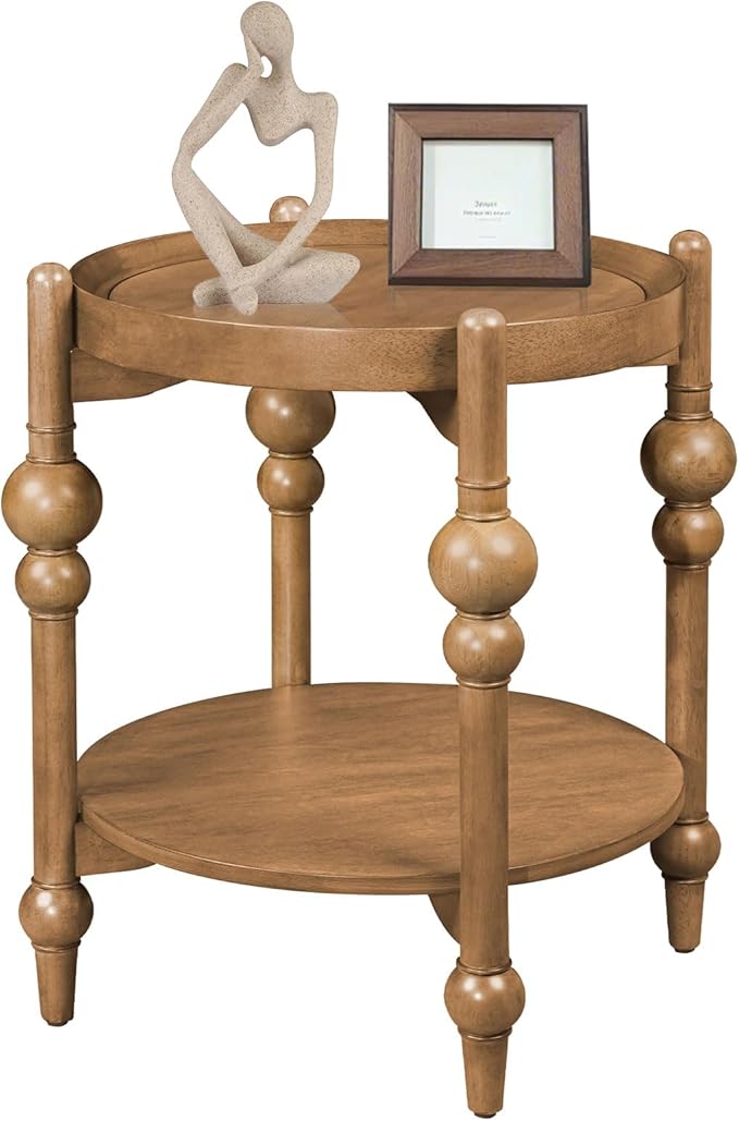 LKTART Nesting End Table for Living Room,Round Solid Wood Frame Nest Side Tables with Storage,Retro Accent Center Table for Small Space Apartment (25''D×24''H-Natural)