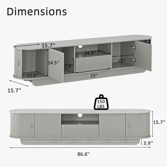 Coffee Table and TV Stand Set of 2, Round Center Table with Storage, Fluted Coffee Table with 360° Sliding Doors, 86.6" Entertainment Center for Bedroom, Living Room, Grey - Image 5