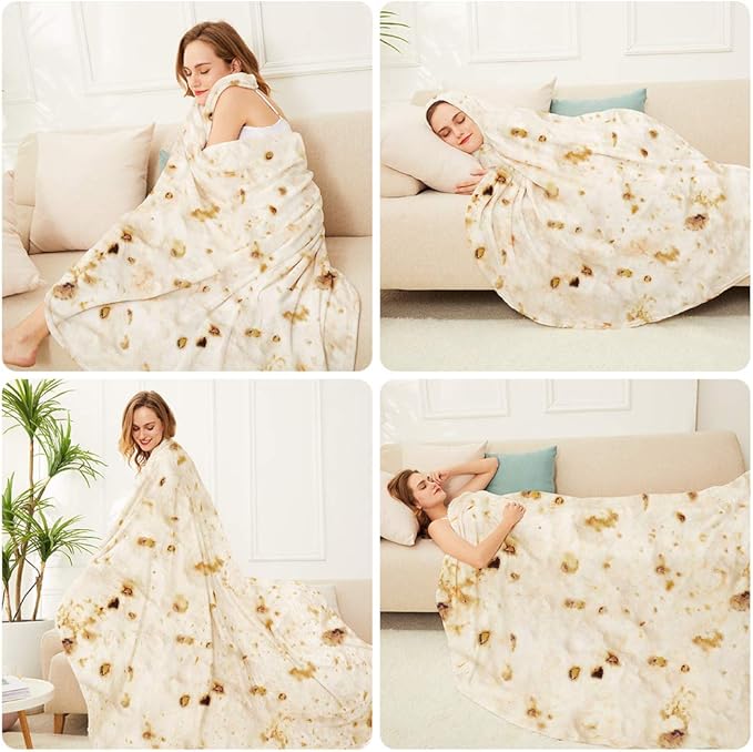 LetsFunny Burrito Tortilla Throw Blanket, 80in Soft Cozy Warm Couch Blankets for Women Men, Realistic Double Sided Taco Tortilla Round Food Blanket, Flannel Throw Blanket for Birthday Anniversary