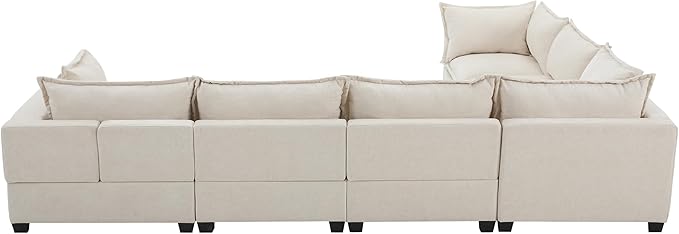 Merax Modern U-Shaped Modular Couch Set with Storage Ottoman, Chenille 7-Seat Sectional Sofa Sleeper Bed with Wide Seat for Living Room, Free Combination,Off White