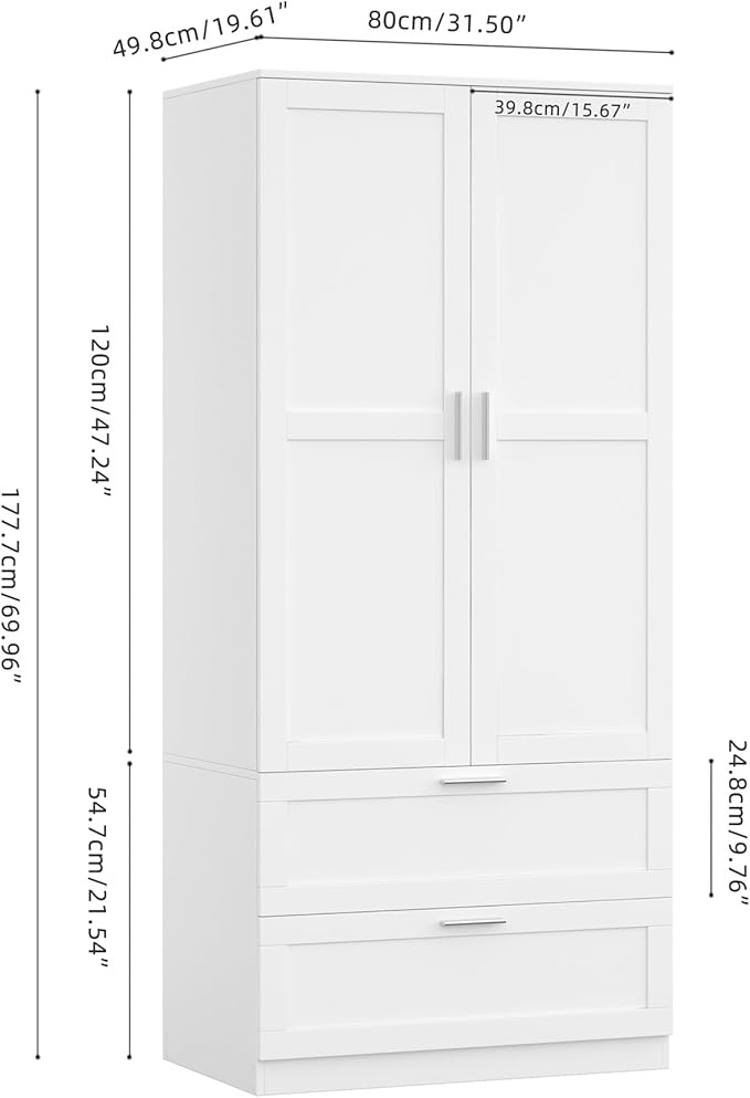 Panana Modern 2 Doors 2 Drawers Bedroom Armoires Wardrobe Clothes Storage Closet with Hanging Rod, Wooden Bedroom Freestanding Wardrobe, 31.5" W x 19.7" D x 70" H (White)