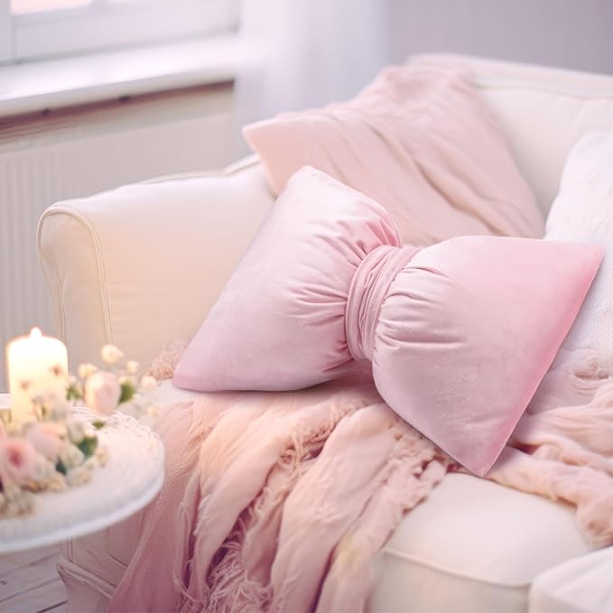Beeveer Pink 2 Pcs Bow Pillow 12 x 18 Inch Coquette Throw Pillows Large Bow Shaped Velvet Cushion Coquette Decorative for Girls Room Bed Sofa Couch Car Decorations