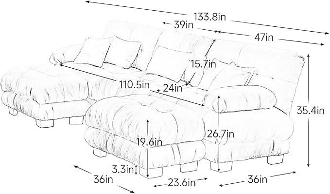 133.8" U-Shaped Cloud Couch, Oversized Modular Sectional Sofa, Deep Seat Cloud Boneless Couch, 3-Seat Modular Sectional Sofa with 2 Ottoman or Living Room,Bedroom and Apartment, Gray