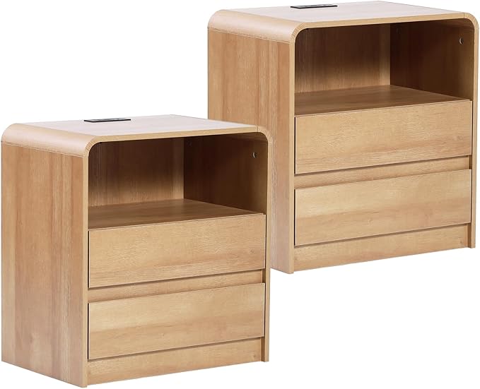Modern Nightstands Set of 2, Oak Night Stand with Charging Station, Wood End Table with 2 Drawers, 23.6'' Wide Bedside Cabinet for Bedroom by HtThalamic