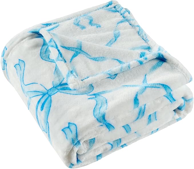 Blue Bow Twin Blanket – 60x80 Inch Soft Fleece Blanket for Girls and Women, Coquette Aesthetic Room Decor for Bed, Couch, Chair, Preppy Bedroom or Gift, Cute Pink Bow Decor Blanket