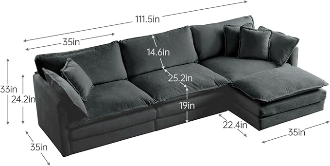KEIKI Combination Sofa, Upholstered 3 Seater Couch, Oversized L Shaped Sectional Sofa with Reversible Ottoman for Living Room Bedroom Office, Gray