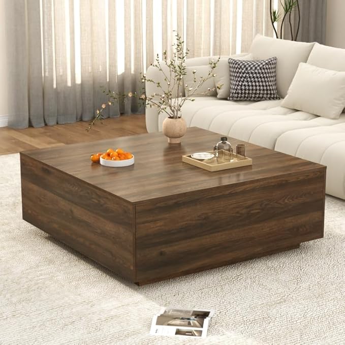43 Inch Large Square Coffee Table with Storage,Modern Wooden Coffee Tables with 2 Drawers Storage for Living Room,Mid Century Tea Table/Aesthetic Coffee Table Center Table for Home Office(Walnut)