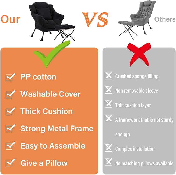 Lazy Chair with Ottoman, Large Accent Chair with Ottoman and a Throw Pillow, Black Reading Chair for Living Room Bedroom Dorm Room Office Apartment Relaxing Use