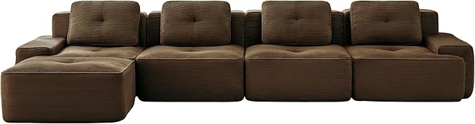 Casaphoria 150'' Corduroy Cloud Couch, 4-Seat L-Shaped Sectional Sofa with 4 Pillows & Ottoman for Living Room, Deep Seat Boneless Couch for Modern Apartment, No Assembly Required, Brown