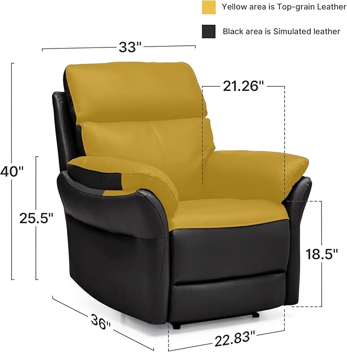 AIRSKY Genuine Leather Recliner Chair, Top Grain Leather, Italian Water-Washing Process, Reclining Sofa Chair for Reading, Single Sofas for Living Room, Theater Seating, Bedroom. Black,R1