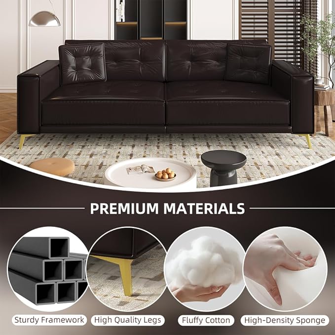92" 3-in-1 Faux Leather Convertible Sleeper, King Size Pull Out Sofa Bed, 4-Seater Mid Century Modern Tufted Couch with 2 Pillows for Living Room, Apartment, Office (Espresso/Dark Brown) | Leather Sofa Bed, King Pull Out Sofa, Tufted Couch