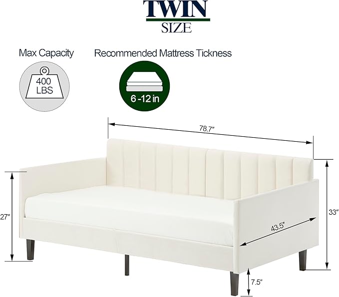GDFStudio Twin Size Upholstered Daybed, Futon Sofa Bed Ribbed Tufted Backrest Lavish Modern Design, Couch Bed Frame for Bedroom Living Room Guest Room Apartment,Beige Velvet
