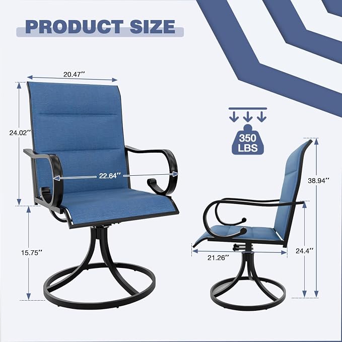 MELLCOM Patio Swivel Chair Set of 2, High Back Padded Textilene Outdoor Dining Chairs with Metal Frame, All-Weather Outdoor Furniture Rocker for Backyard, Blue - Image 2