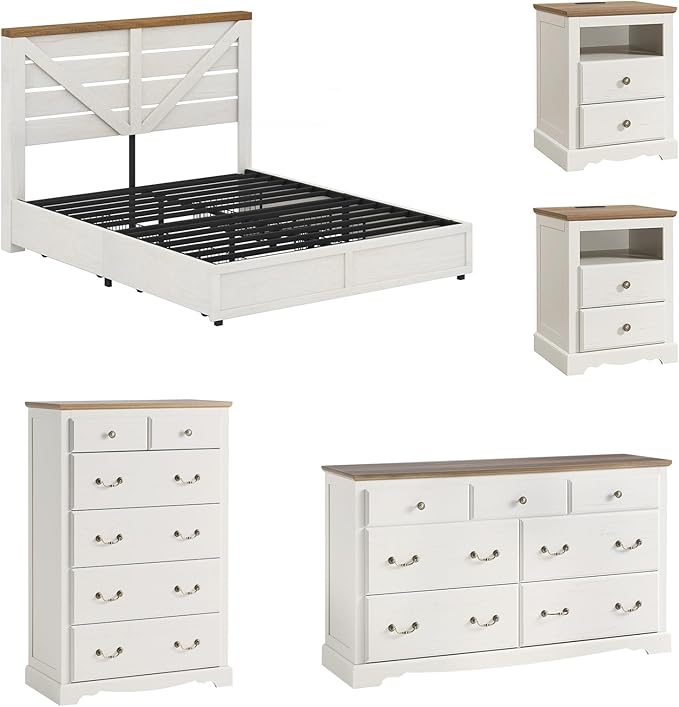 AMERLIFE 5 Piece Bedroom Set, Including Farmhouse Queen Size Bed Frame with 4 Drawers, 7 Drawer Dresser & 6 Chest of Drawers, 2 Nightstands with Charging Station for Bedroom, White