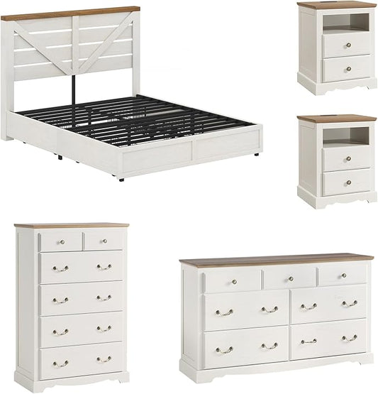 AMERLIFE 5 Piece Bedroom Set, Including Farmhouse Queen Size Bed Frame with 4 Drawers, 7 Drawer Dresser & 6 Chest of Drawers, 2 Nightstands with Charging Station for Bedroom, White