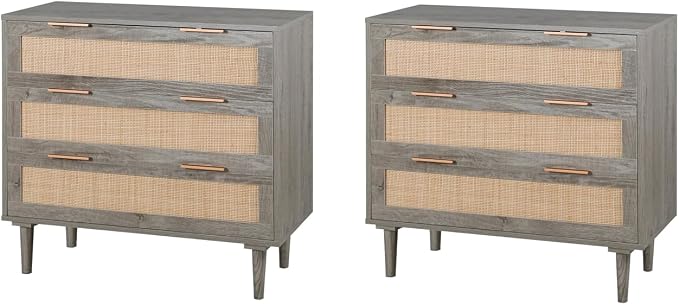 HOPUBUY Large Nightstand Set of 2 with Rattan Drawer, Modern 3 Drawer Night Stand for Bedroom, Wooden Bedside Table for Queen Size and King Size Bed,Grey by HOPUBUY