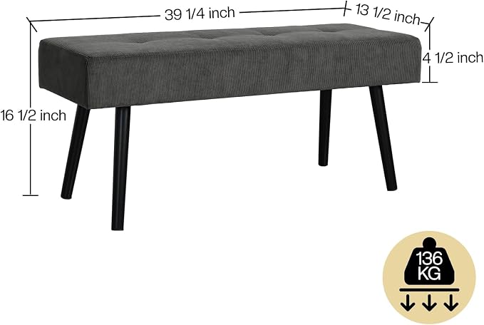 Comfy to go Entryway Bench - Grey Bench for Bedroom, Modern Ottoman End of Bed, Corduroy Padded Benches for Living Room, Foyer, Mudroom, Hallway - 39" L x 14" W x 17" H - Image 2