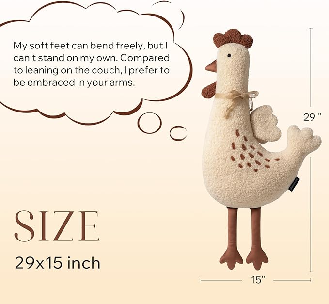 Phantoscope Chicken Shaped Throw Pillow, Soft Teddy Sherpa Hen Pillow with Ribbon, Decorative Easter Chicken Pillow with Wings Cockscomb Feet for Living Room Bedroom, Beige, 29x15 inches