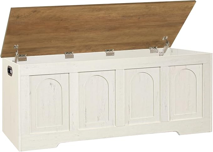DINZI LVJ Storage Chest, 47.2”Wooden Storage Bench with 2 Safety Hinges, Farmhouse Toy Box with Flip-Top, Large Trunk for Living Room, Bedroom, Easy Assembly, Honey Brown and Rustic White by DINZILVJ