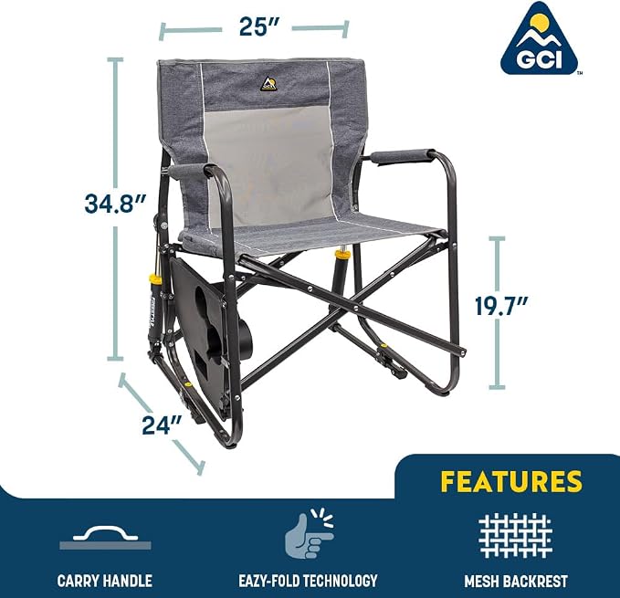 GCI OUTDOOR Freestyle Rocker with Side Table Camping Chair | Portable Folding Rocking Chair with Solid, Durable Armrests, Drink Holder & Comfortable Backrest — Heathered Indigo - Image 3