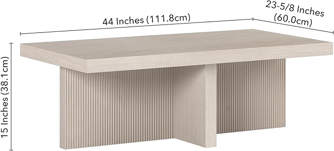 Henn&Hart 44" Fluted Rectangular Wood Pedestal Low-Profile Coffee Table with Ribbed Pedestal Base for Living Room, Family Room or Office, Beech White