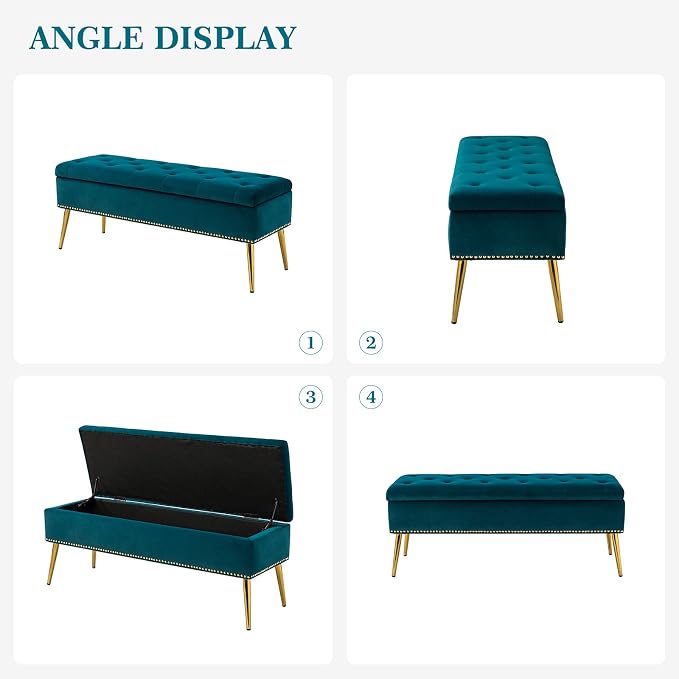 HULALA HOME Modern Velvet Storage Ottoman Bench with Gold Base & Nailhead Trim, Upholstered Bedroom Bench for End of Bed, Button-Tufted Footstool for Entryway Living Room Dining Room, Teal - Image 3