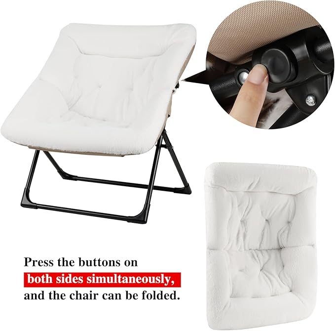 Comfy Saucer Chair for Adults, Set of 2, Soft Faux Fur Bedroom Chair, Accent Dorm Chairs, Flexible Living Room Reading Chairs, Oversized Folding Seat for Teens, X-Large, White