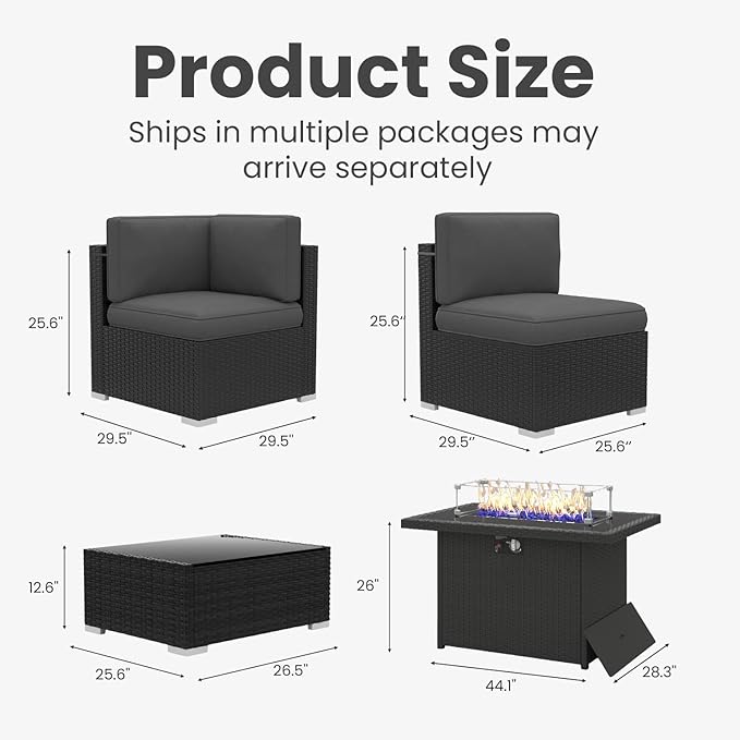 6 Pieces Patio Furniture Set with 44" Propane Gas Fire Pit Table, Outdoor Sectional Wicker Conversation Sofa Sets with Coffee Table