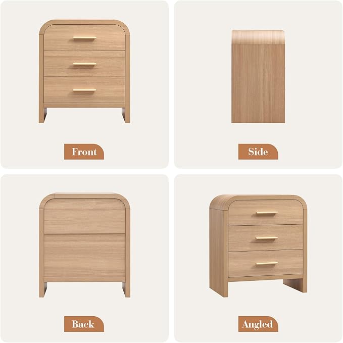 Night Stand Set of 2 [Unique Curved Profile] [FSC-Certified Wooden Board] 3-Drawer Nightstand 27" H Metal Handle Modern Sturdy Bedside Table - Image 9