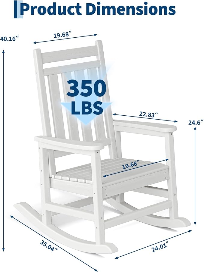 Garvee HDPE Rocking Chair Outdoor Set of 6 - Poly High Back Porch Rocker Chairs for Adults - All Weather Resistant Furniture for Patio Front Porch - White - Image 2