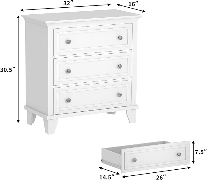 GAOMON 3 Drawer Dresser for Bedroom, White Wood Chest of Drawers Bedroom Dresser, Rustic Small Drawers Dressers Nightstand Wooden Closet Storage Cabinet for Living Room - Image 2