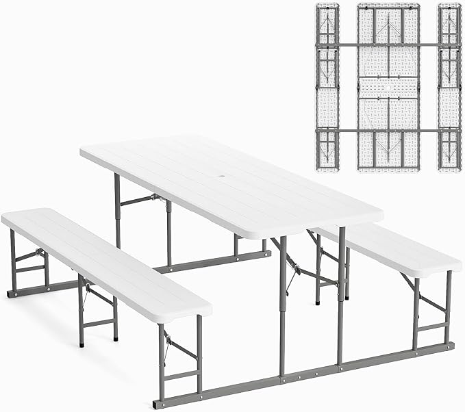VINGLI Folding Picnic Table and Bench Set, Portable Outdoor Dining Furniture for Camping, Patio, Backyard, Wood Grain Plastic Top with Metal Frame (White) by VINGLI
