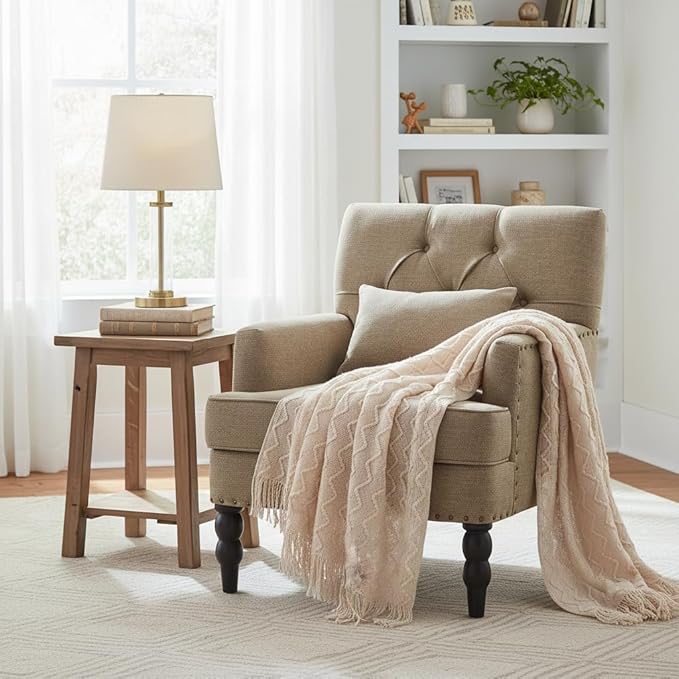 HUIMO Tufted Club Chair,Accent Chair with Lumbar Pillow, Upholstered Button Armchair, Linen Fabric Sofa Chairs for Bedroom, Living Room, Mid Century Modern with Studded Reading Chair Brown