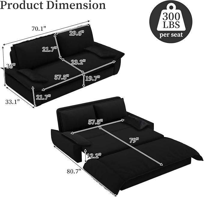 Rovibek 73" Pull Out Couch Queen Size, 3 in 1 Convertible Sleeper Sofa Bed, Velvet Convertible Sofa Bed, Futon Loveseat Sleeper for Living Room, Apartment, Black