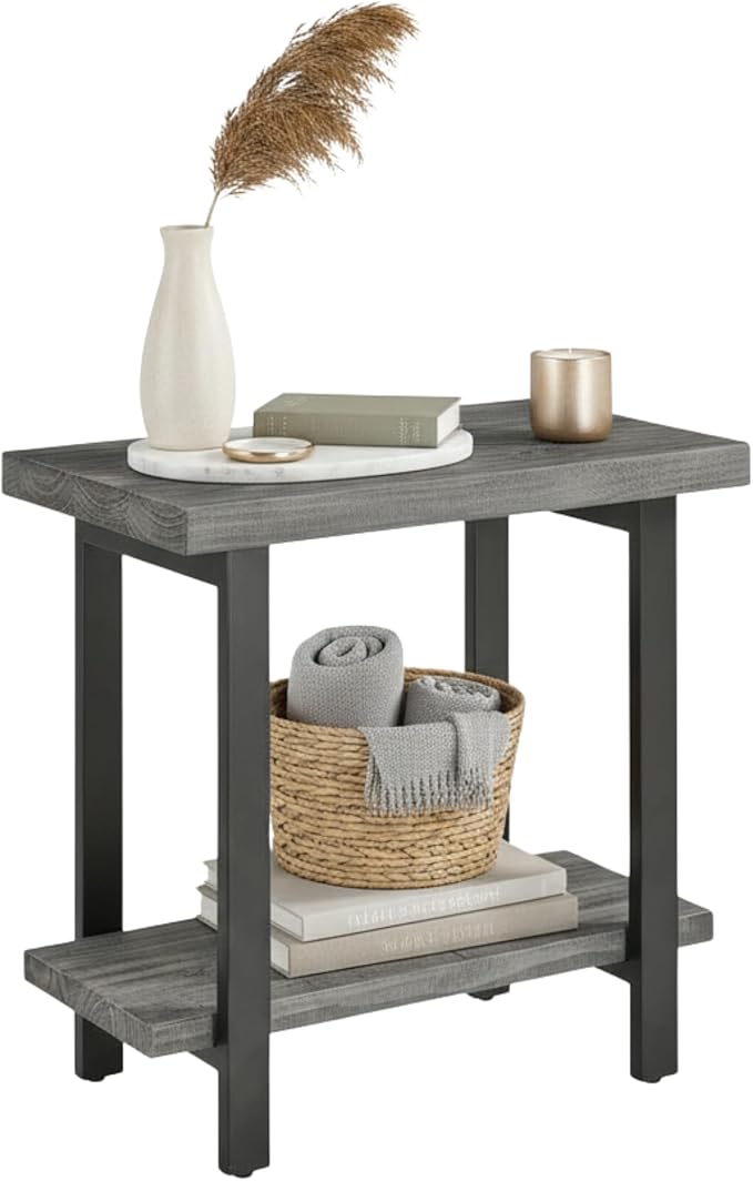 Alaterre Furniture Pomona Living Room Tables – 2-Tier Solid Wood End Table with Metal Legs – Modern Industrial Side Table or Nightstand (Slate Grey)