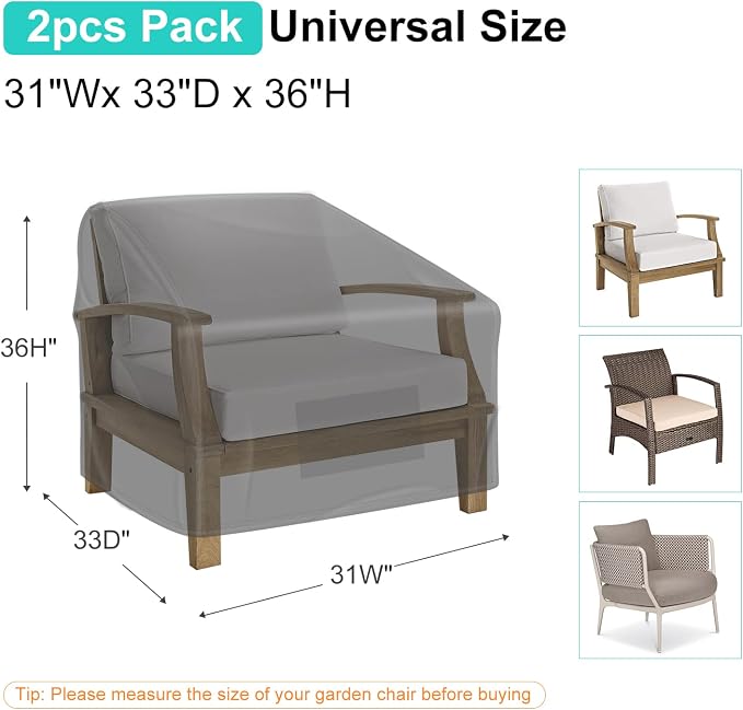 Patio Chair Covers for Outdoor Furniture Waterproof 2 Pack, Lawn Chair Covers 600D Heavy Duty Oxford Cloth, Large Covers for Lounge Lawn Deep Seat Black 31"W×33"D×36"H - Image 2