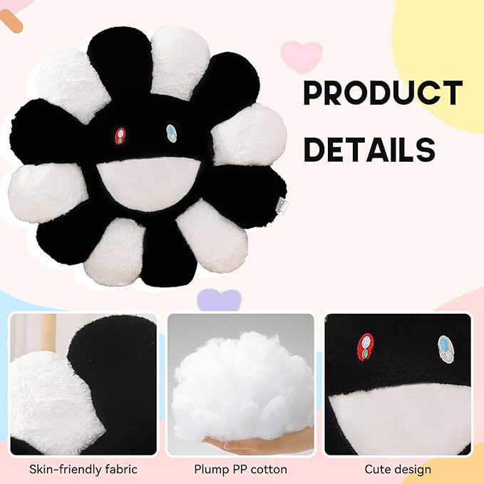 Flower Pillow,Flower Shaped Throw Pillow,Smiley Face Floor Cushions,Cute Sunflower Plush Pillows, Black and White Decorative Pillows for Bed,Couch,Sofa,Car (Black and White,15.7In)