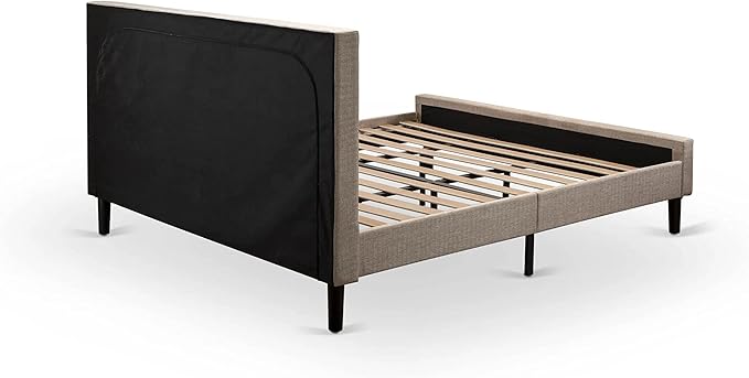 East West Furniture KDF-16-K Platform King Size Bed - Dark Khaki Linen Fabric Upholstered Bed Headboard with Button Tufted Trim Design - Black Legs