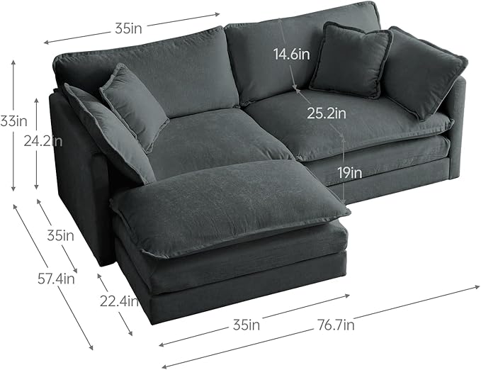 KEIKI Loveseat Sofa, Upholstered 2 Seater Couch with 1 Footrest, Oversized L-Shaped Sectional Sofa with Ottoman for Living Room Bedroom Office, Gray